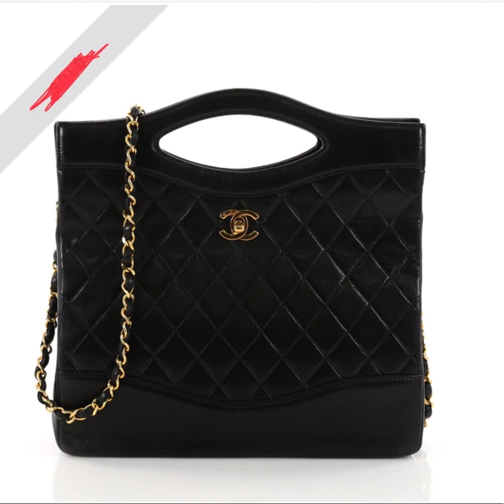 CHANEL 1990 vintage cut out chain handle bag quilted lamb skin